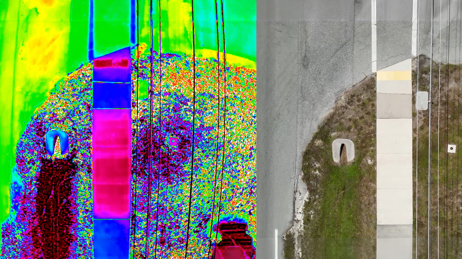 Side-by-side thermal and standard aerial image of infrastructure