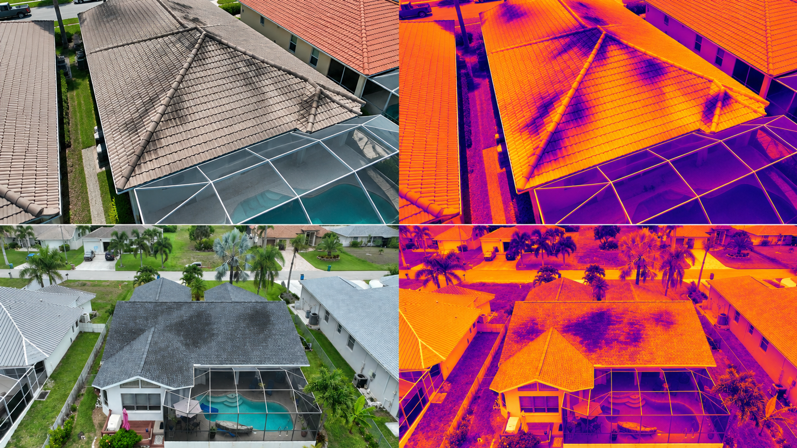 Side-by-side visible and thermal roof inspection images